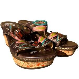 Spring Step Bonita Wedge Sandals Leather Open Toe Floral Brown EU 38 US 7.5
